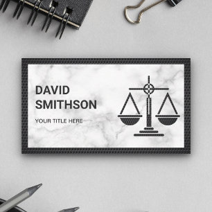 White Marble Black Justice Scale Lawyer Attorney Business Card