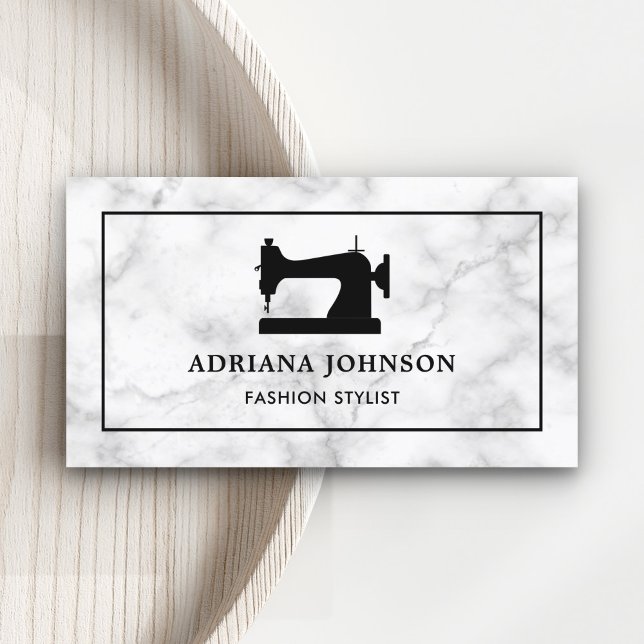White Marble Black Sewing Machine Fashion Stylist Business Card (Creator Uploaded)