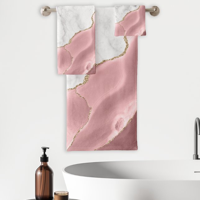 White Marble Blush Pink Agate Gold Glitter Bath Towel Set (Creator Uploaded)