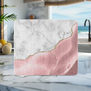 White Marble Blush Pink Agate Gold Glitter Cutting Board