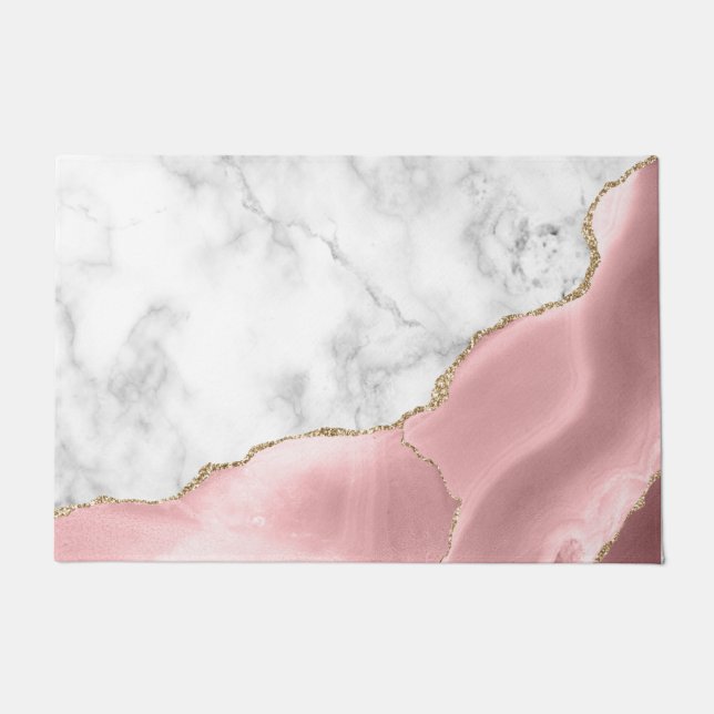 White Marble Blush Pink Agate Gold Glitter Doormat (Front)