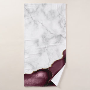 White Marble Burgundy Agate Gold Glitter Bath Towel