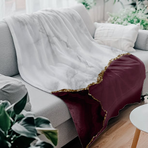 White Marble Burgundy Agate Gold Glitter Fleece Blanket