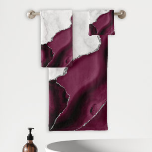 White Marble Burgundy Agate Silver Glitter Bath Towel Set
