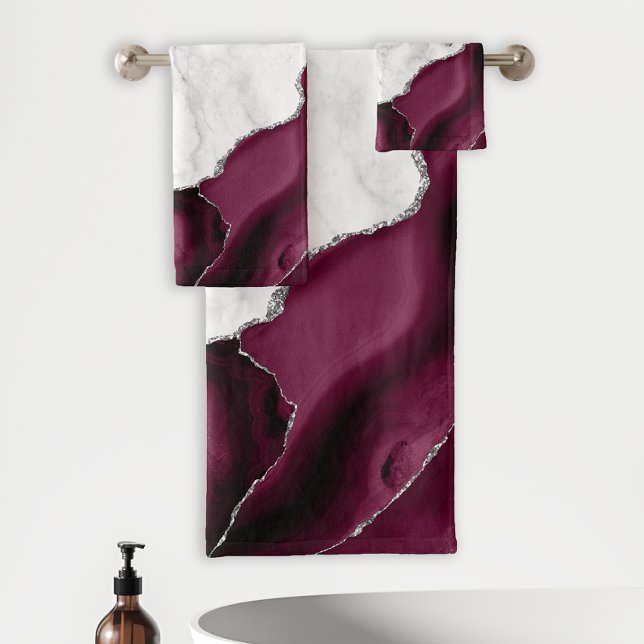 White Marble Burgundy Agate Silver Glitter Bath Towel Set (Creator Uploaded)