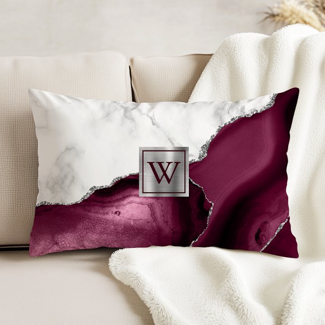 White Marble Burgundy Agate Silver Monogram Decorative Cushion (Creator Uploaded)