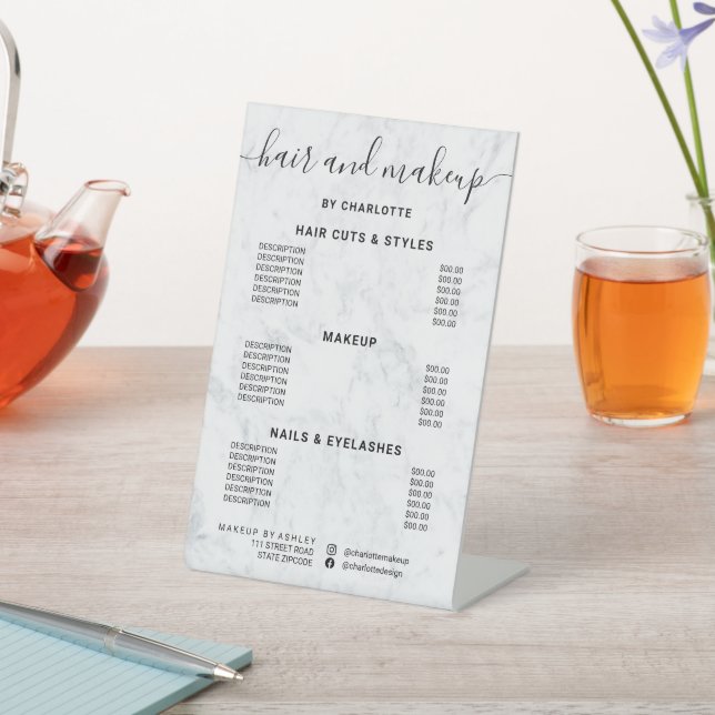 White marble calligraphy hair makeup salon price pedestal sign (In SItu)