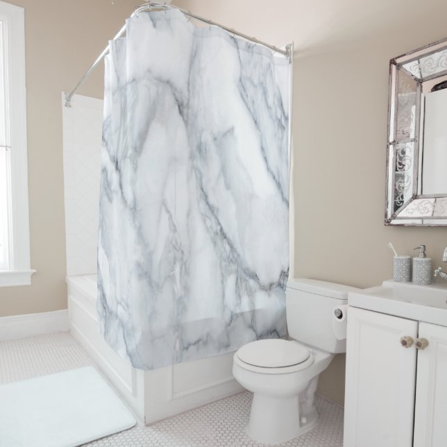 White Marble Carrara Calacatta Texture Shower Curtain (In Situ)