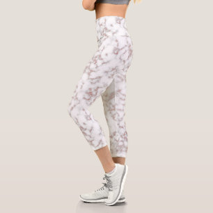 White Marble Carrara Rose Gold Glitter Texture Capri Leggings