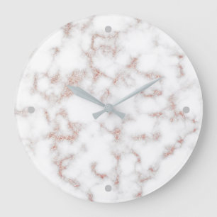 White Marble Carrara Rose Gold Glitter Texture Large Clock