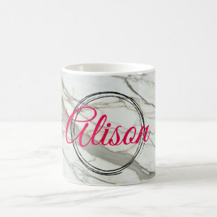 White marble chic fuchsia design custom name coffee mug