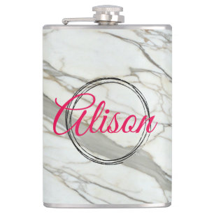 White marble chic fuchsia design custom name  hip flask