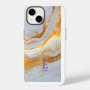 White marble chic gold glitter monogram Case-Mate iPhone 14 case