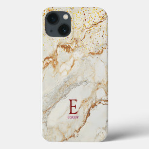 White marble chic gold glitter monogram iPhone 13 case
