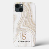 White marble chic gold glitter monogram Case-Mate