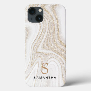 White marble chic gold glitter monogram Case-Mate iPhone 13 Case