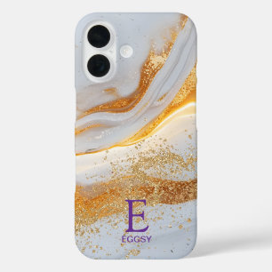 White marble chic gold glitter monogram iPhone 16 case