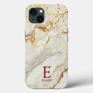 White marble chic gold glitter monogram iPhone 13 case