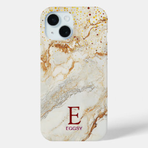 White marble chic gold glitter monogram iPhone 15 case