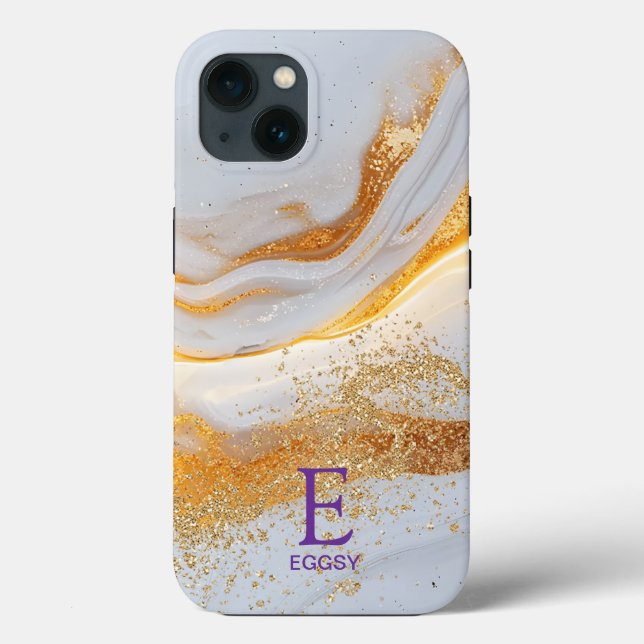 White marble chic gold glitter monogram Case-Mate iPhone case (Back)