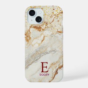 White marble chic gold glitter monogram iPhone 15 case