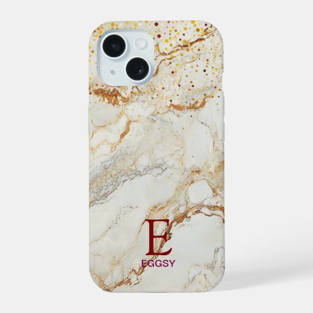 White marble chic gold glitter monogram iPhone 15 case (Back)