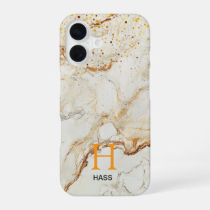 White marble chic gold glitter monogram iPhone 16 case