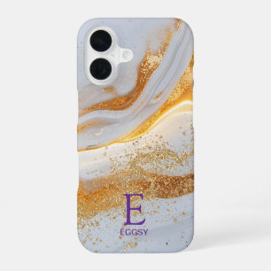 White marble chic gold glitter monogram iPhone 16 case