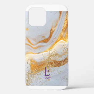 White marble chic gold glitter monogram iPhone 12 case