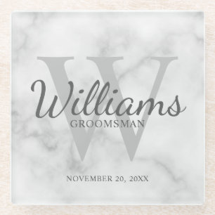 White Marble Classic Script Personalised Groomsmen Glass Coaster