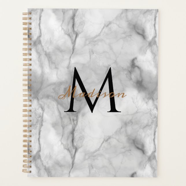 White Marble Custom Monogram Name Planner (Front)