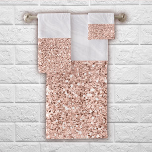 White Marble Dipped in Faux Rose Gold Glitter Bath Towel Set
