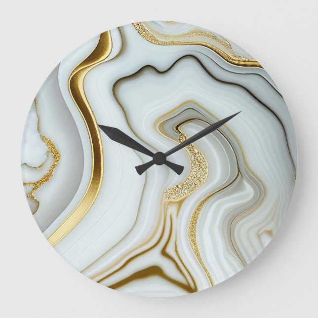 White Marble Effect with Flowing Golden Contours Large Clock (Front)