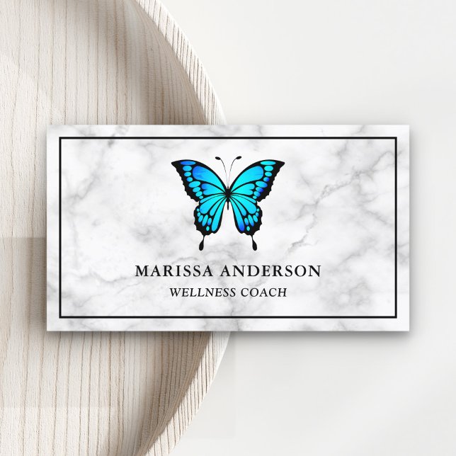 White Marble Elegant Blue Butterfly Business Card (Creator Uploaded)