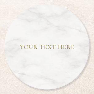 White Marble Elegant Gold Look Text Template Round Paper Coaster