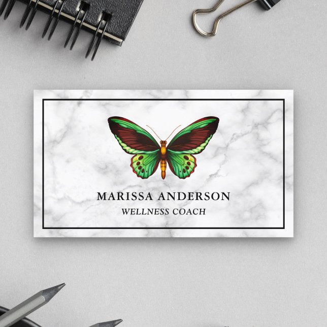 White Marble Elegant Green Butterfly Business Card (Creator Uploaded)