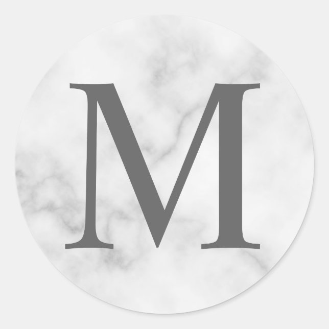 White Marble Elegant Monogram Classic Round Sticker (Front)