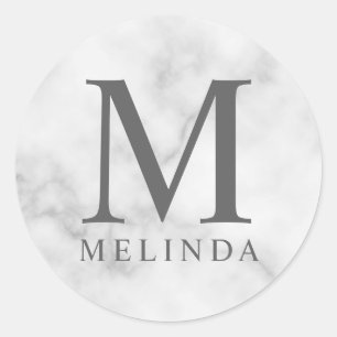 White Marble Elegant Monogram Classic Round Sticker