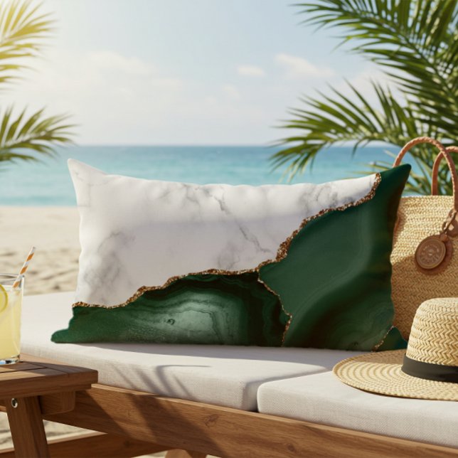 White Marble Emerald Green Agate Gold Glitter Lumbar Cushion (Creator Uploaded)