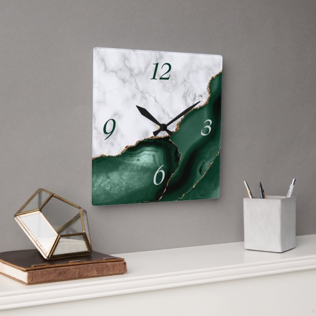 White Marble Emerald Green Agate Gold Glitter Square Wall Clock (Office)