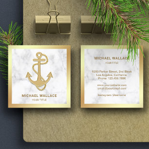 White Marble Faux Gold Foil Nautical Rope Anchor Square Business Card