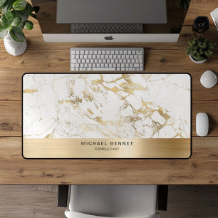 White Marble Faux Gold Metallic Business Desk Mat