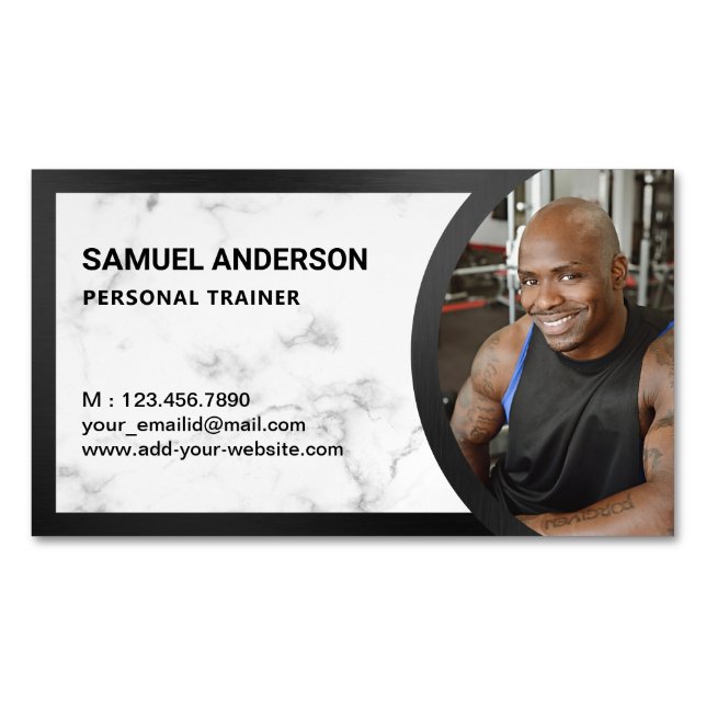 White Marble Fitness Personal Trainer Photo Magnetic Business Card (Front)