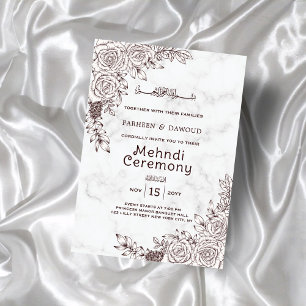 White Marble Floral Lace Islamic Mehndi Ceremony Invitation