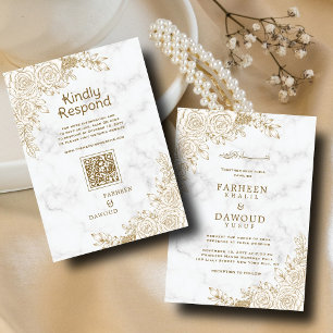 White Marble Floral Lace Islamic Muslim QR Wedding Invitation