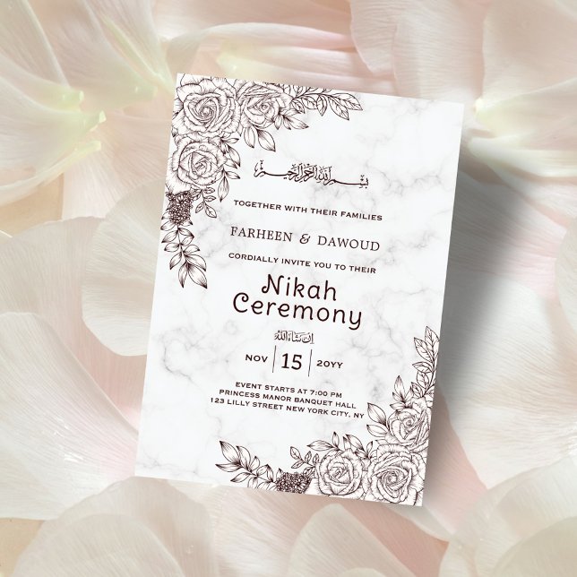 White Marble Floral Lace Islamic Nikah Ceremony Invitation (Creator Uploaded)