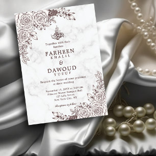 White Marble Floral Lace Islamic QR Code Wedding Invitation