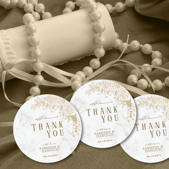 White Marble Floral Lace Muslim Wedding Favour Classic Round Sticker (Creator Uploaded)