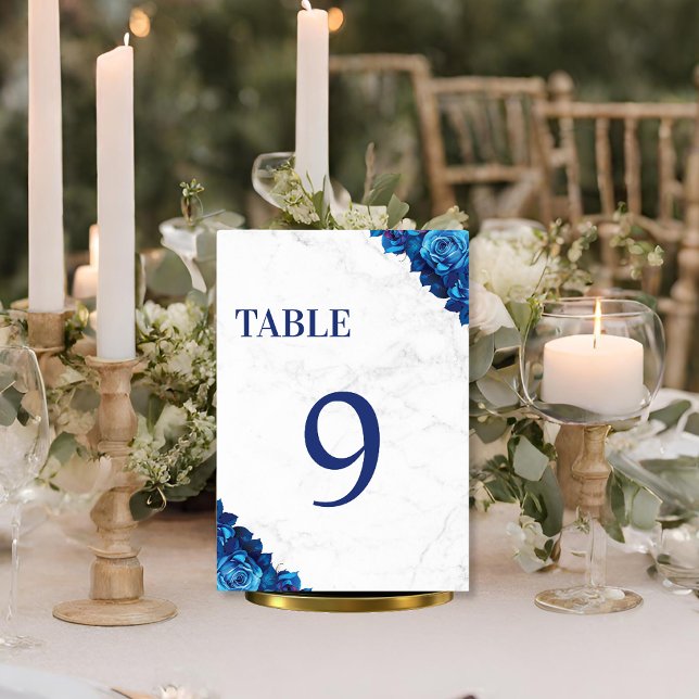 White Marble Floral Navy Blue Wedding Table Number (Creator Uploaded)
