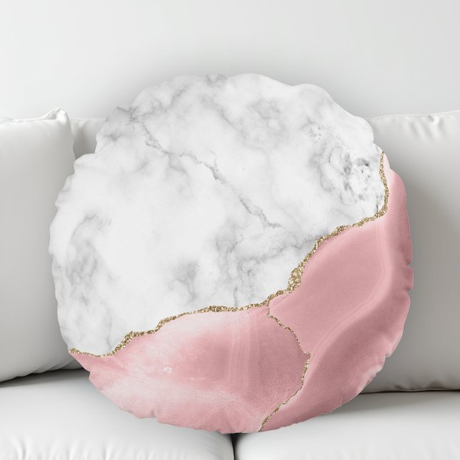 White Marble Gilded Blush Pink Agate Round Cushion (Creator Uploaded)